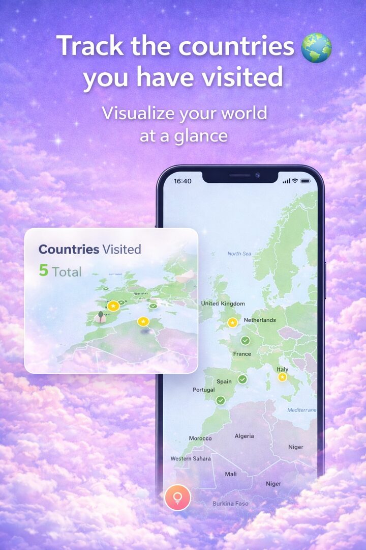 App-Bildschirm mit erfassten Ländern in Europa